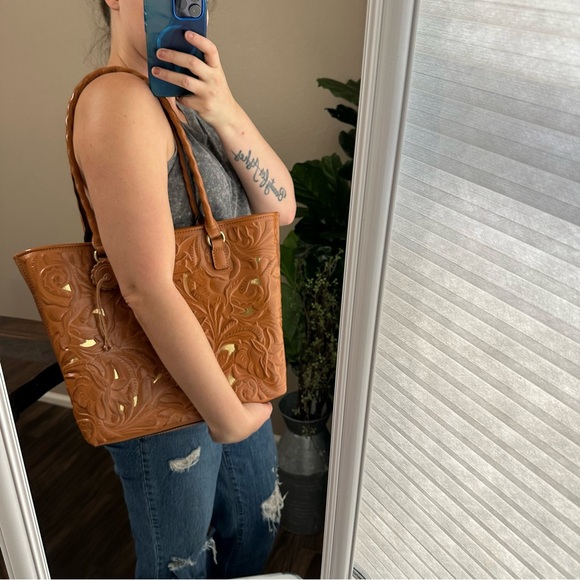 Adeline Cognac Tan Brown Gold Tooled Cutout Leather Satchel shoulder tote bag - Picture 12 of 16